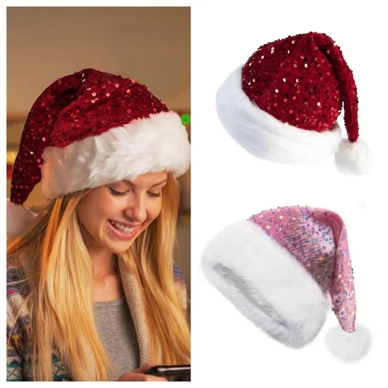 Santa Hat Plush - Çift Katmanlı Pullu Noel Şapkası, Uzun